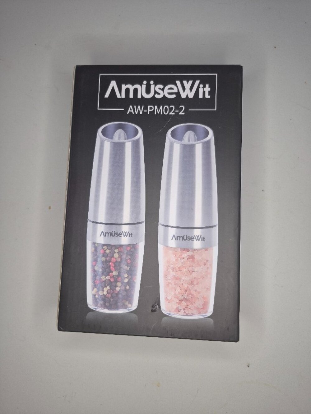 AmuseWit Gravity Electric Salt and Pepper Grinder Set AW-PM02-2 Silver New Box
